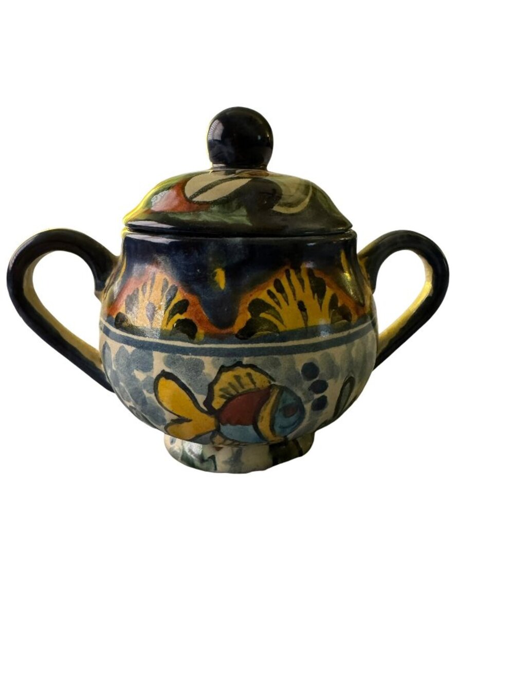 Talavera Sugar Bowl Lilies Fish Blue White Brown Yellow Red Clay w/ Lid